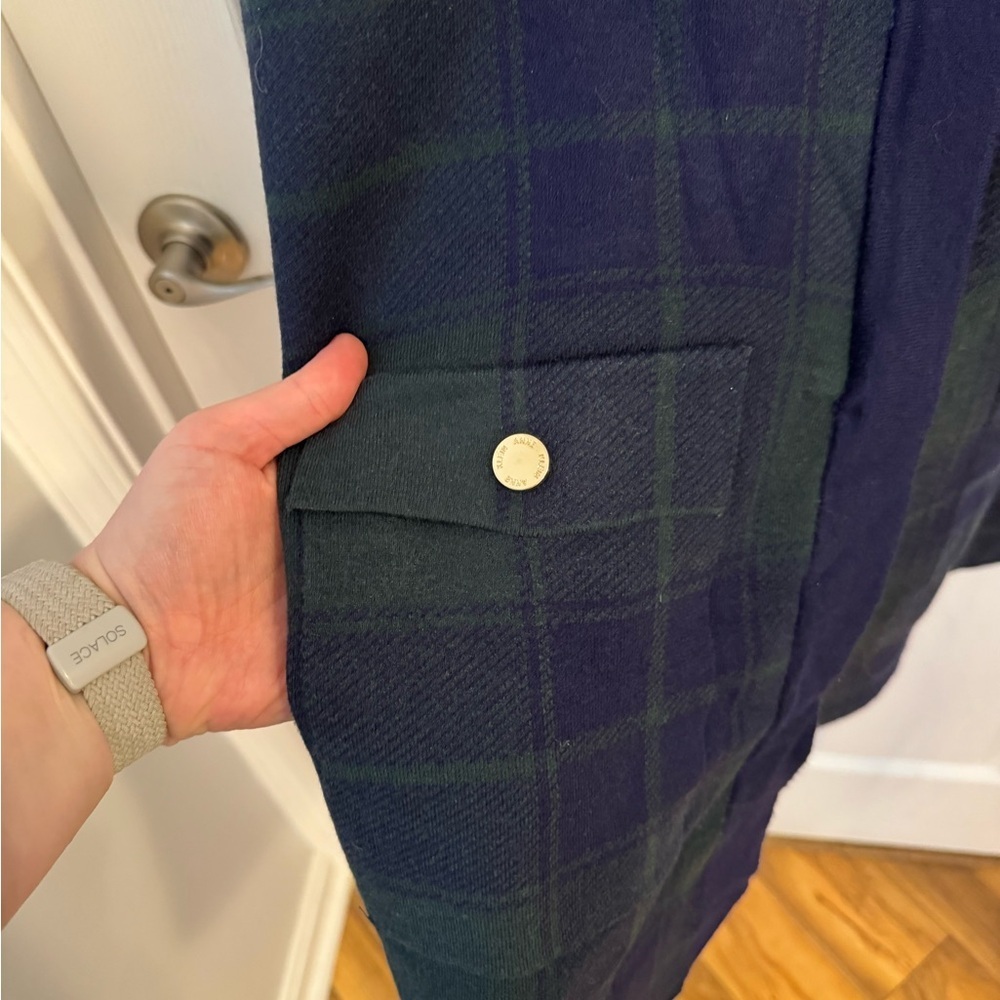 Anne Klein Navy and Dark Green Plaid Coatigan with Gold Buttons - Picture 4 of 5